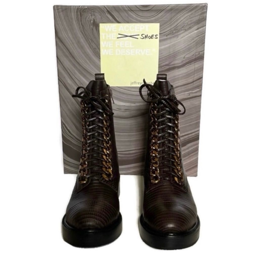 JEFFREY CAMPBELL Size 7 Damon Snakeskin Embossed Brown Lizard Gold Combat Boot